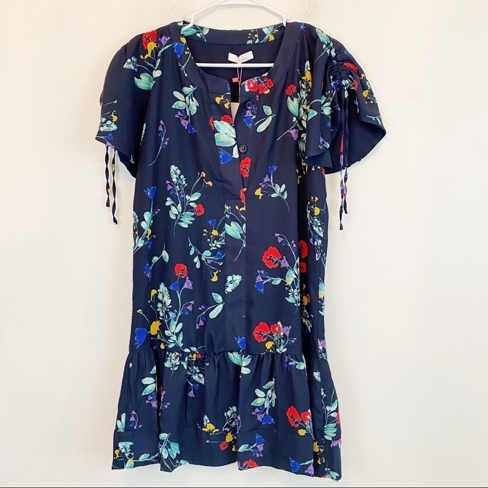 PARKER navy floral ruched sleeve mini dress